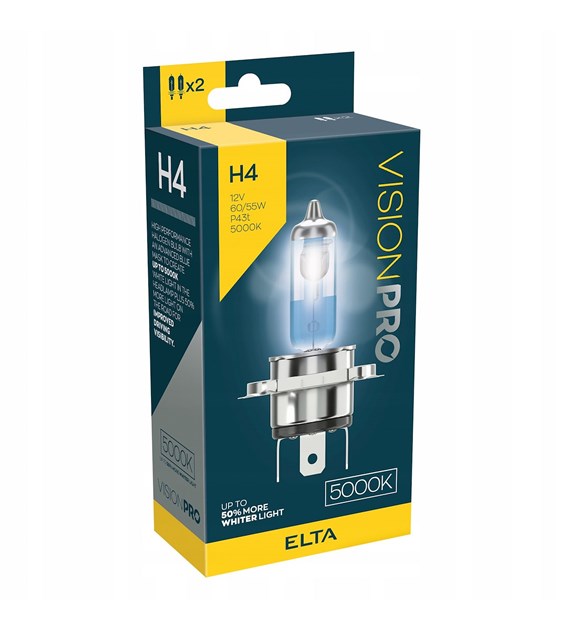 ŻARÓWKI ELTA H4 12V 60/55W PX26d VISIONPRO 5000K +50% HOMOLOGACJA