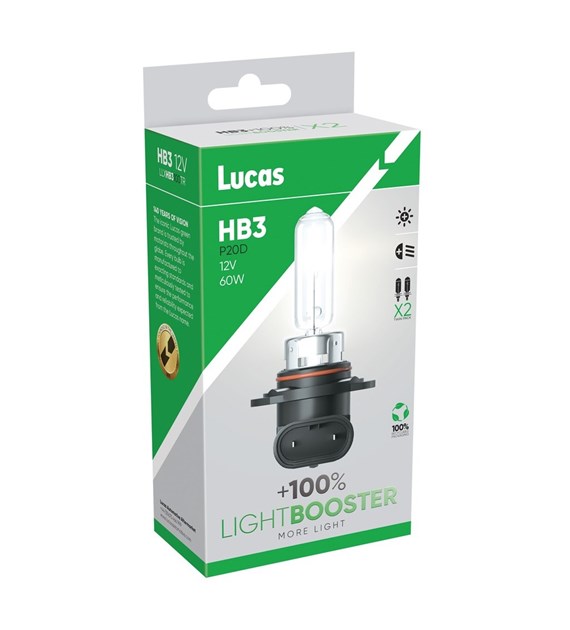 Żarówki HB3 LUCAS LIGHT BOOSTER +100% |P20d 12V 60W | Komplet 2 sztuki